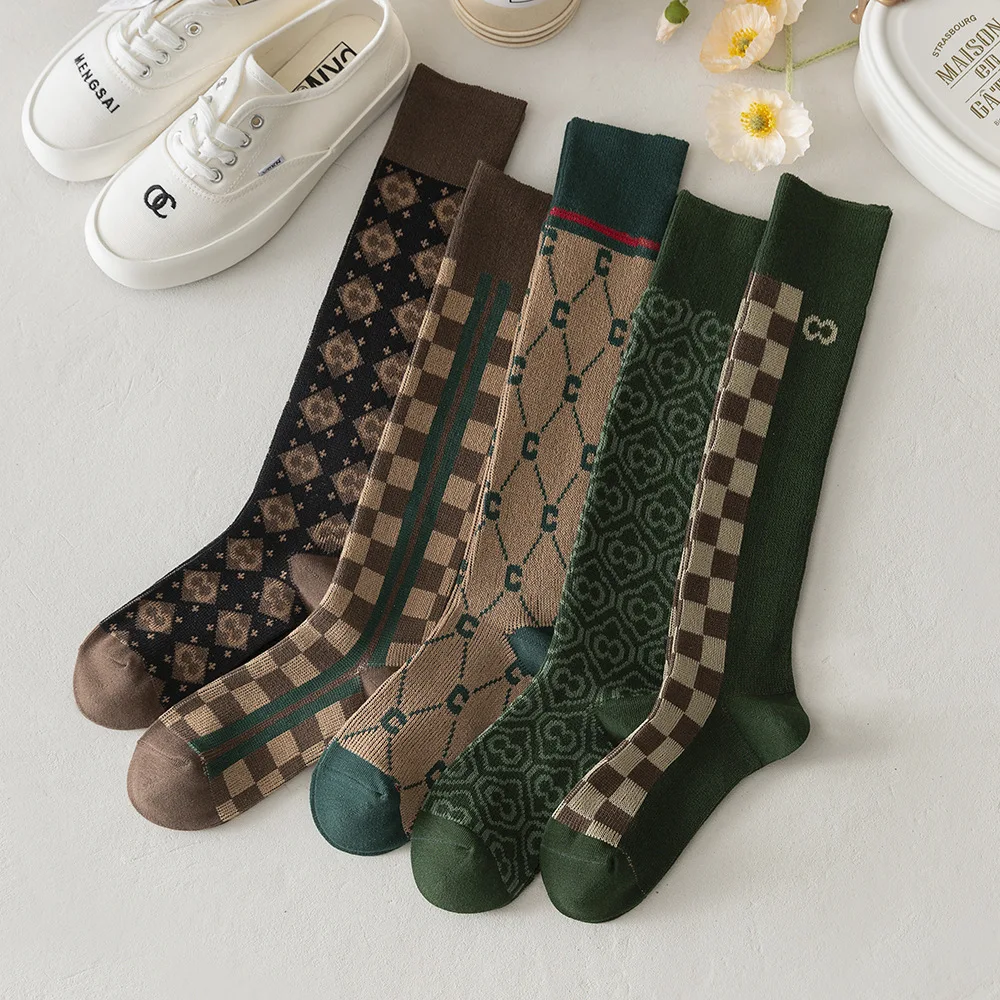 

Green Department socks female mid-thigh knee socks Netflix wear letters checkerboard fall and winter cotton socks