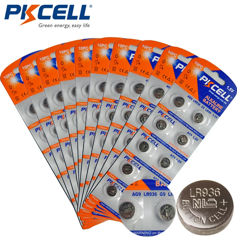 

100PCS/10Card PKCELL AG9 Battery LR936 394 SR936SW LR45 1.5V Alkaline Button Batteries Coin Cell for Watch