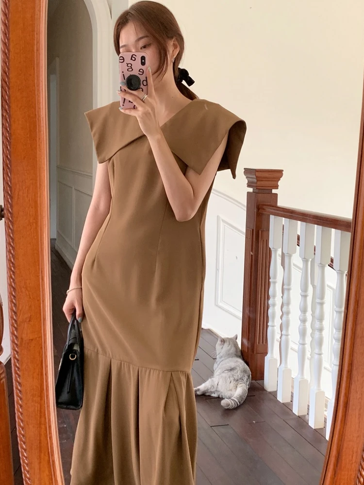 

Женское винтажное плиссированное платье-чехол, длинный сарафан без рукавов с матросским воротником в французском стиле, лето 2022