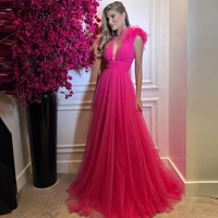 verngo a line tulle fuschia pink evening dresses v neck shoulder ruffles long prom gowns formal party dress low back vestidos