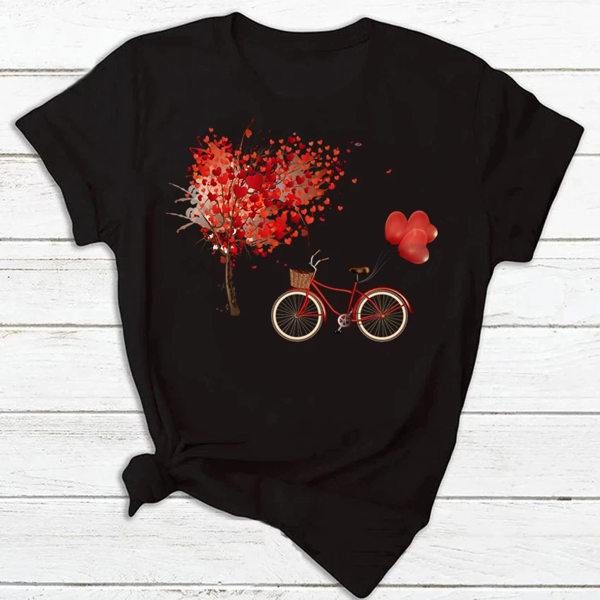 

Women Bicycle Flower Heart Tree Fashion T Shirt Harajuku Korean Style Graphic Tops Valentine's Day Female T-shirt Tops