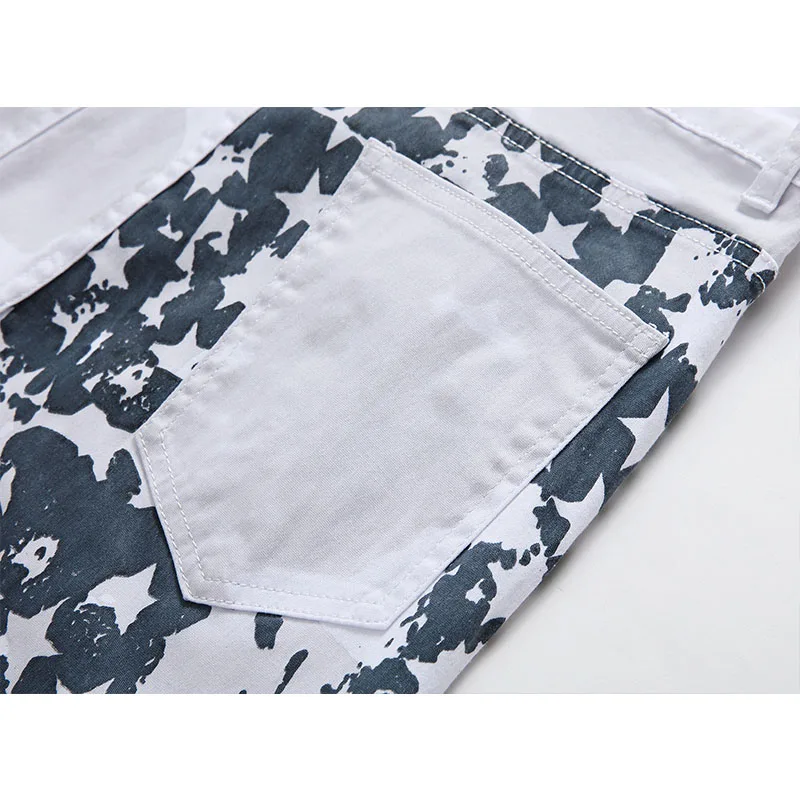 Plus Size Men's White Jeans Men Fashion Casual Printed Straight Jeans Pants Stretch Skinny Denim Jogger Trousers