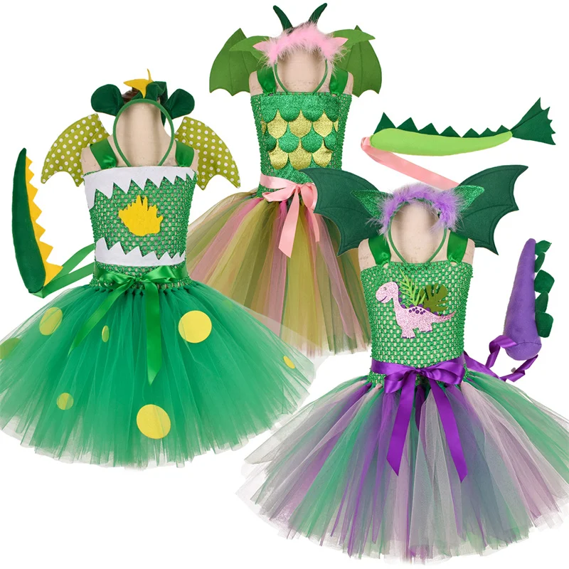 

Halloween Anime Costume Girls Princess Dress Cosplay Dinosaur Printed Skirt Children Outfits for Kids Girls Ball Gown