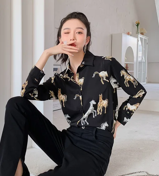High quality Satin casual retro animal horse print shirt elegant formal dress blouse Za Camisa fashion Camisas Mujer 2021