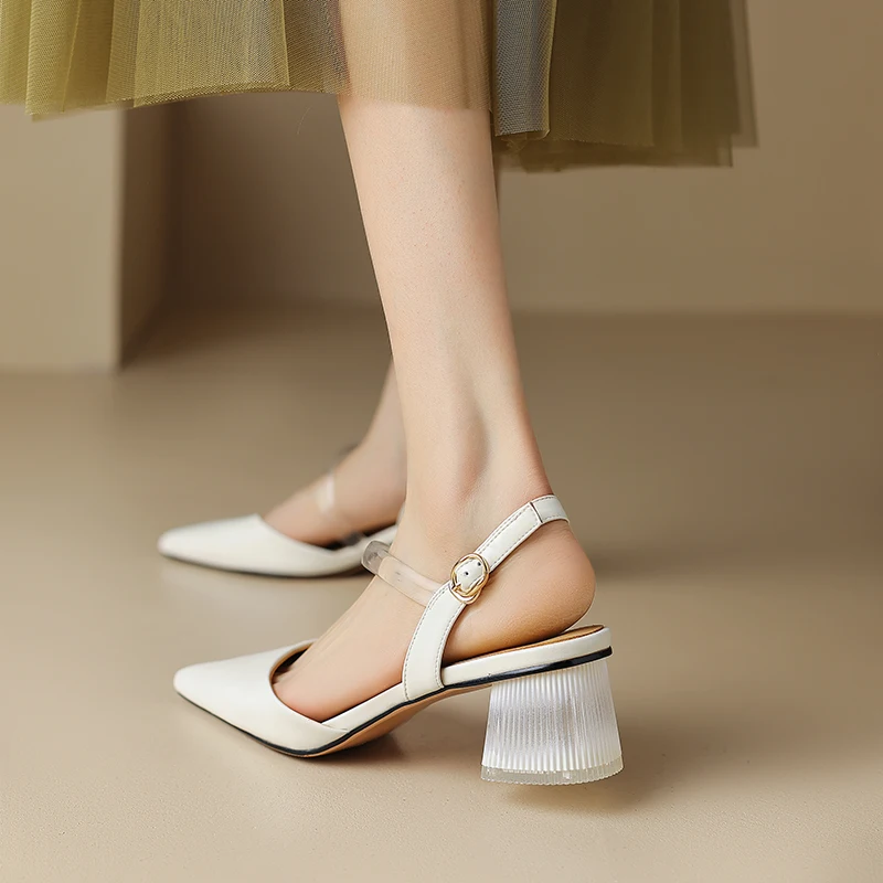 2023 New Split Leather Women's Sandals Summer Pointed Toe Thick Heel Color Matching Lazy Shoes Japanese Style Luxury Sandals