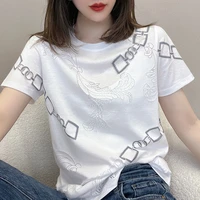 cotton simple style round neck casual embroidery t shirt short sleeve top womens summer womens new fashion