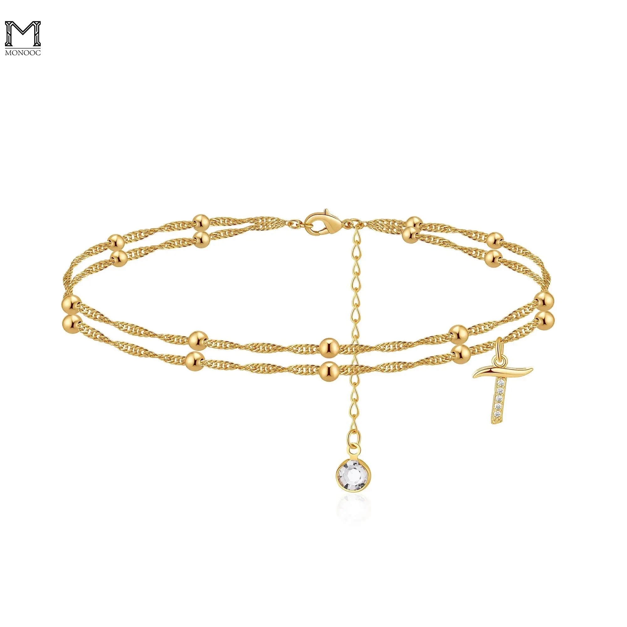 

MONOOC CZ Initial Ankle Bracelets for Women,14K Real Gold Plated Layered Beaded Chain Anklet Gold Anklet for Women CZ Letter T-Z