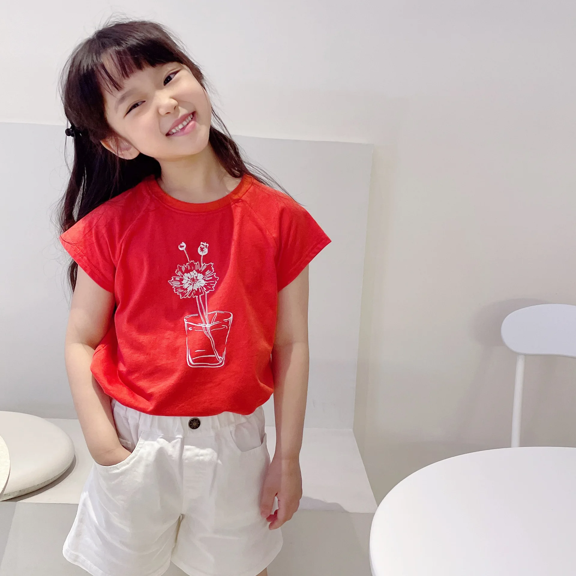 

Kids Tops Summer New Short Sleeve T-Shirt Girls Casual Class A Red Floral T-Shirt 100% Cotton baby tees