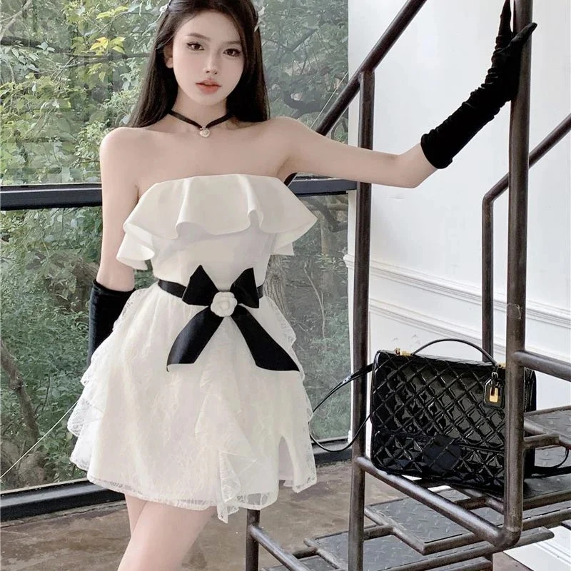 

Spring Women Dresses Strapless Solid Lace Bow A-line Women Mini Dresses French Retro Elegant 2023 Women Clothing Birthady Party