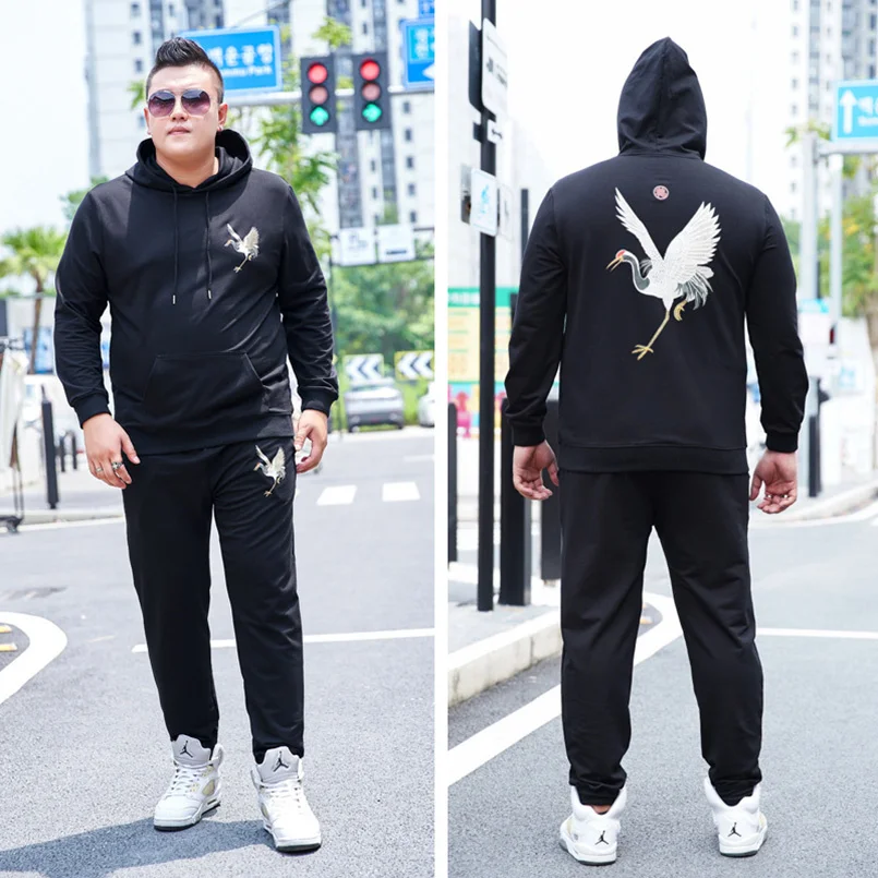 

2 Pieces Set Men's Sweatshirt + Sweatpant Crane Print Hooded Large Size Hoodies Oversize Pullover Sportswear 2023 5xl 6xl 7xl