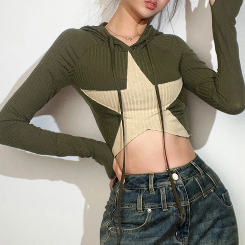 

Женская трикотажная толстовка Y2K с принтом пентаграммы, короткий свитшот с длинным рукавом и кулиской, Женский винтажный укороченный топ в стиле 1920-х