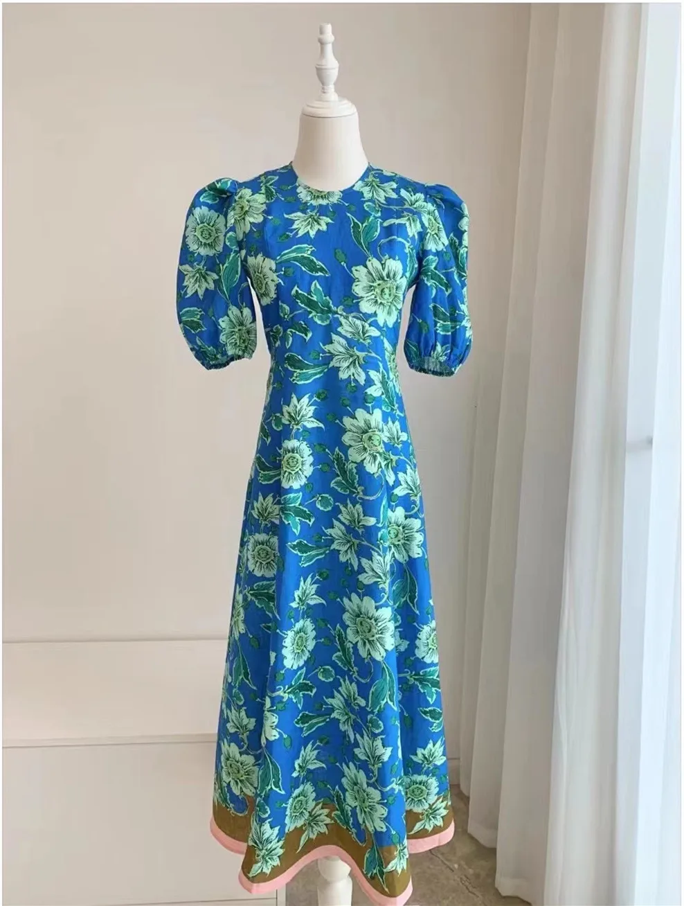 Women Linen Midi Dress 2023 NEW O Neck Short Sleeve Blue Flower Print dress