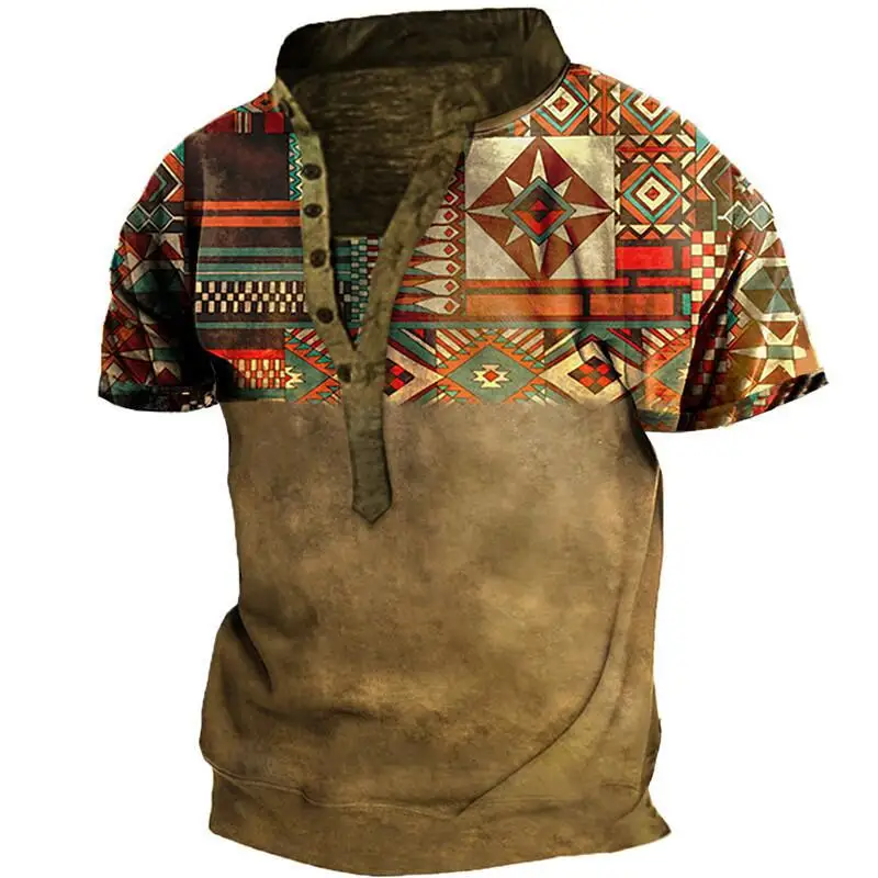 Summer New Fashion Men's Muscle Six Button V-neck Short Sleeves Map Graphic 3D Printed Cool Tops Retro Streetwear