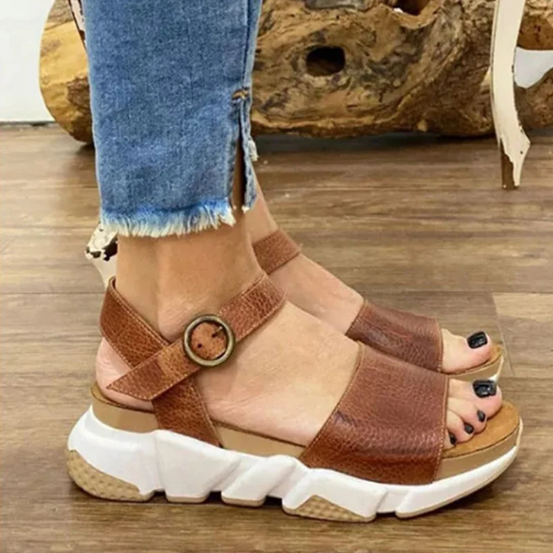 

Summer Women Platform Leopard Sandals Elegant Female Outdoors Ankle Buckle Casual Shoes Lady Large Size Sandal 2022 New