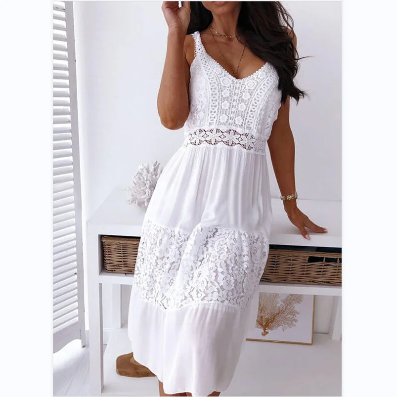 

White Lace Midi Dress Women Summer Boho Sexy Long Dress Casual Spaghetti Strap Fashion Hollow Out Beach Style Sleeveless Dresses