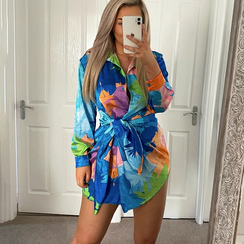 

Women Shirt Dress Summer Tie-Dye Print Lace-up Loose and Irregular Dress Women Sexy Lantern Sleeve V-neck Single Breasted Dress