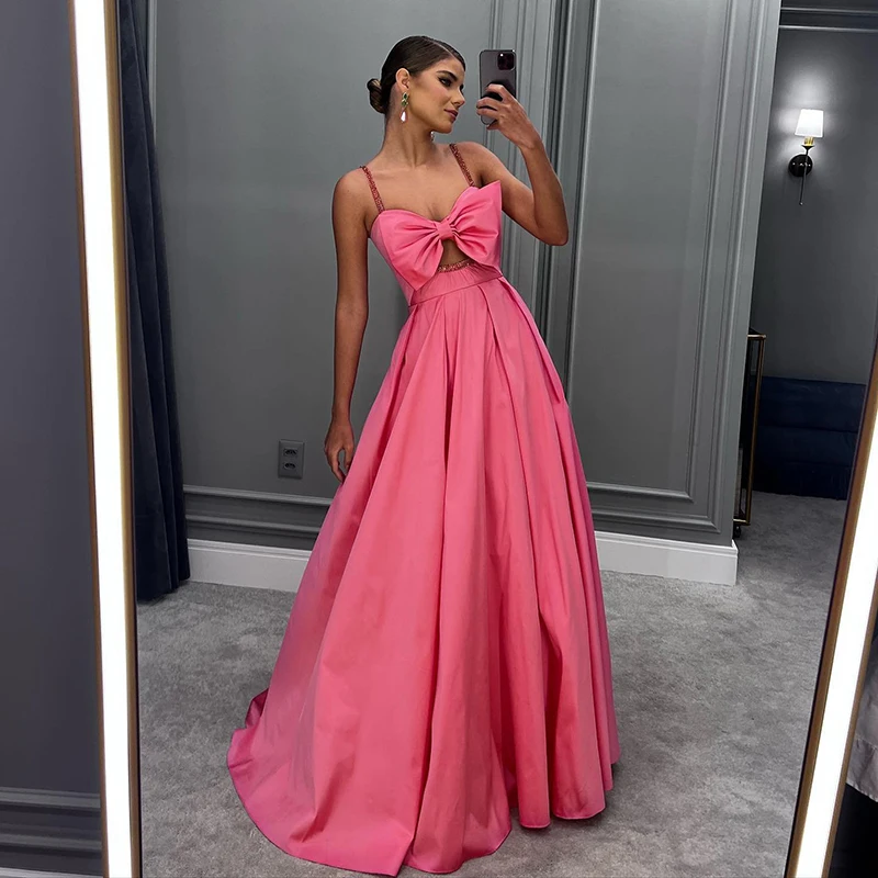 

New Arrival Bow Bust Design A Line Prom Dress 2024 Pink Long Sleeveless Spaghetti Woman Evening Party Gown Custom Made Birthday