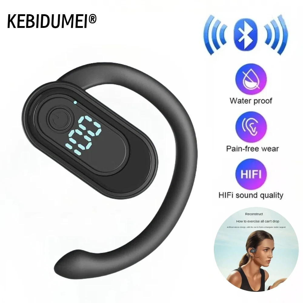 Фото Беспроводные наушники Bluetooth 5.4, громкая связь с шумоподавлением 180 °   Вращающиеся спортивные наушники с цифровым дисплеем, крючок для ушей с одним ухом №1