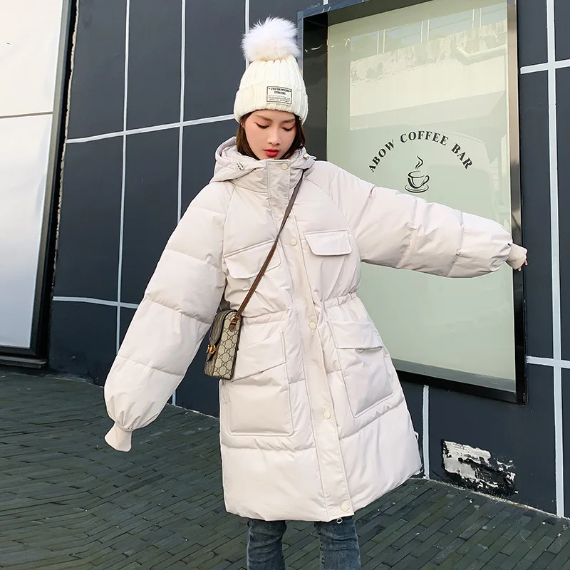 Casual Sports Cotton Clothes Women'S 2022 New Thickened Mid-Length Large Pockets Korean Version Waist Loose Hooded Jacket