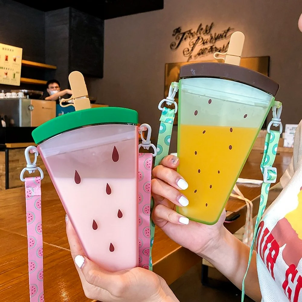

Creative Plastic Water Bottle Cute Watermelon Ice Cream Water Cup with Straw Bottle Anti-Fall Portable Popsicle Water Cup 320ml