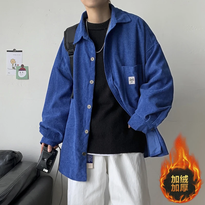 

Вельветовая флисовая утепленная мужская рубашка на осень и зиму, свободная теплая блузка с длинным рукавом, модный мужской кардиган, женские рубашки оверсайз