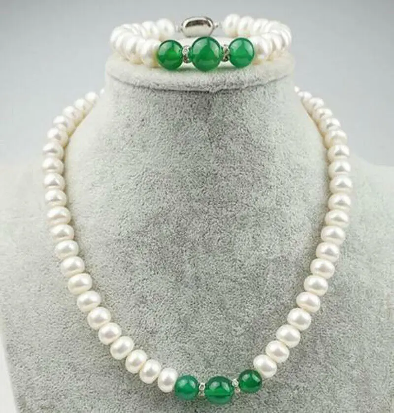 

8-9mm Abacus White Pearl/10-12mm Round Green Emerald Bead Necklace + Bracelet Set