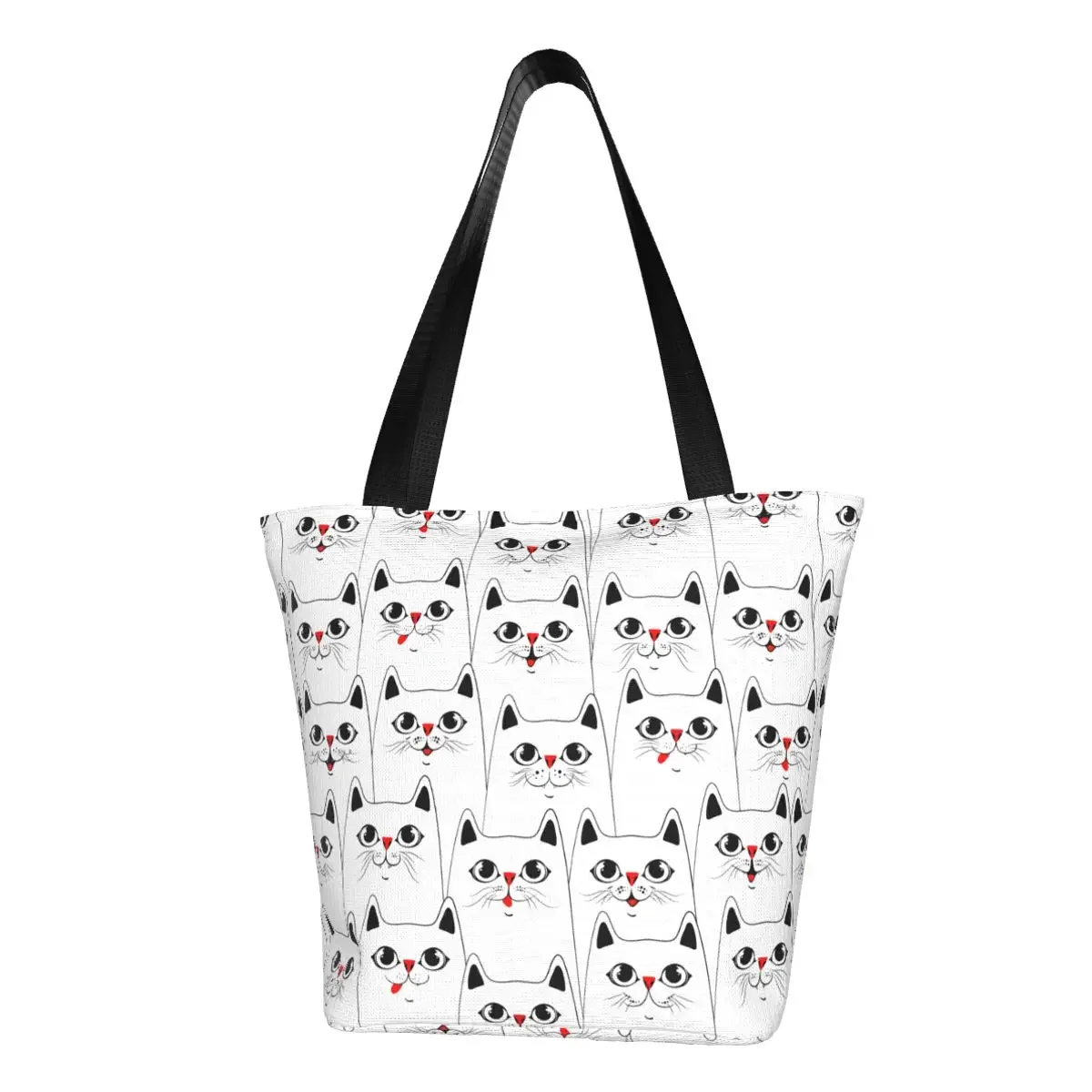 

Custom Funny Cats Pattern Canvas Shopping Bags Women Reusable Grocery Cartoon Kitten Tote Shopper Bags