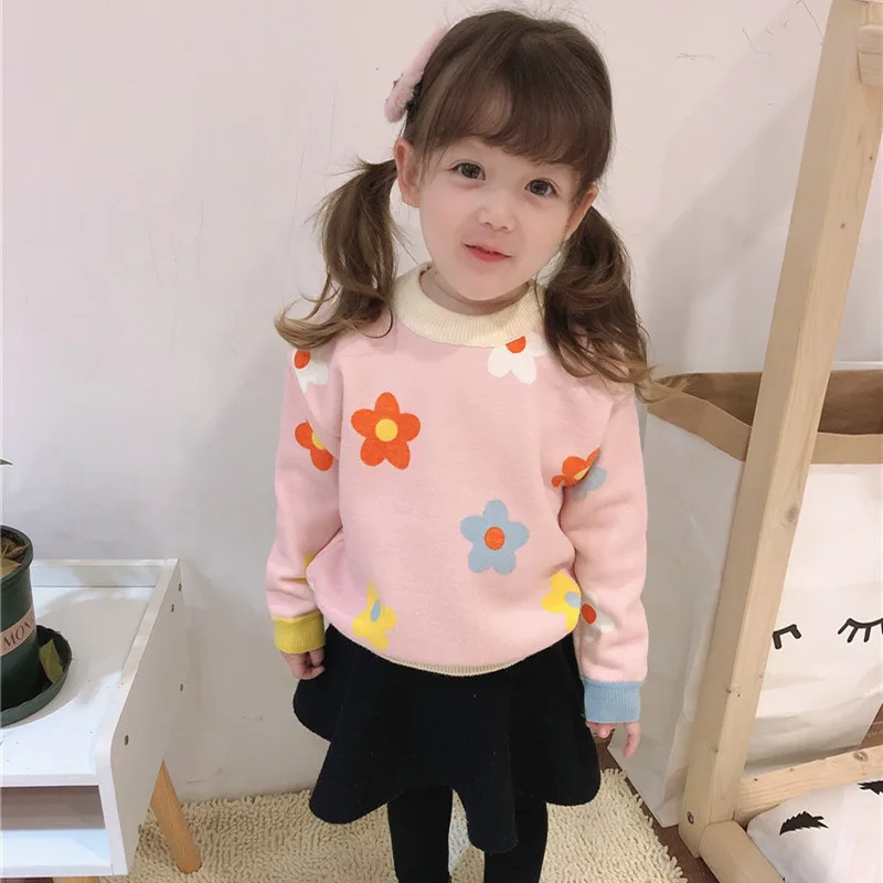 

2022 Autumn Winter Girls Floral Knitted Sweaters Baby Kids Keep Warm Long Sleeve Casuales Tops Toddler Children Pullover Toddler