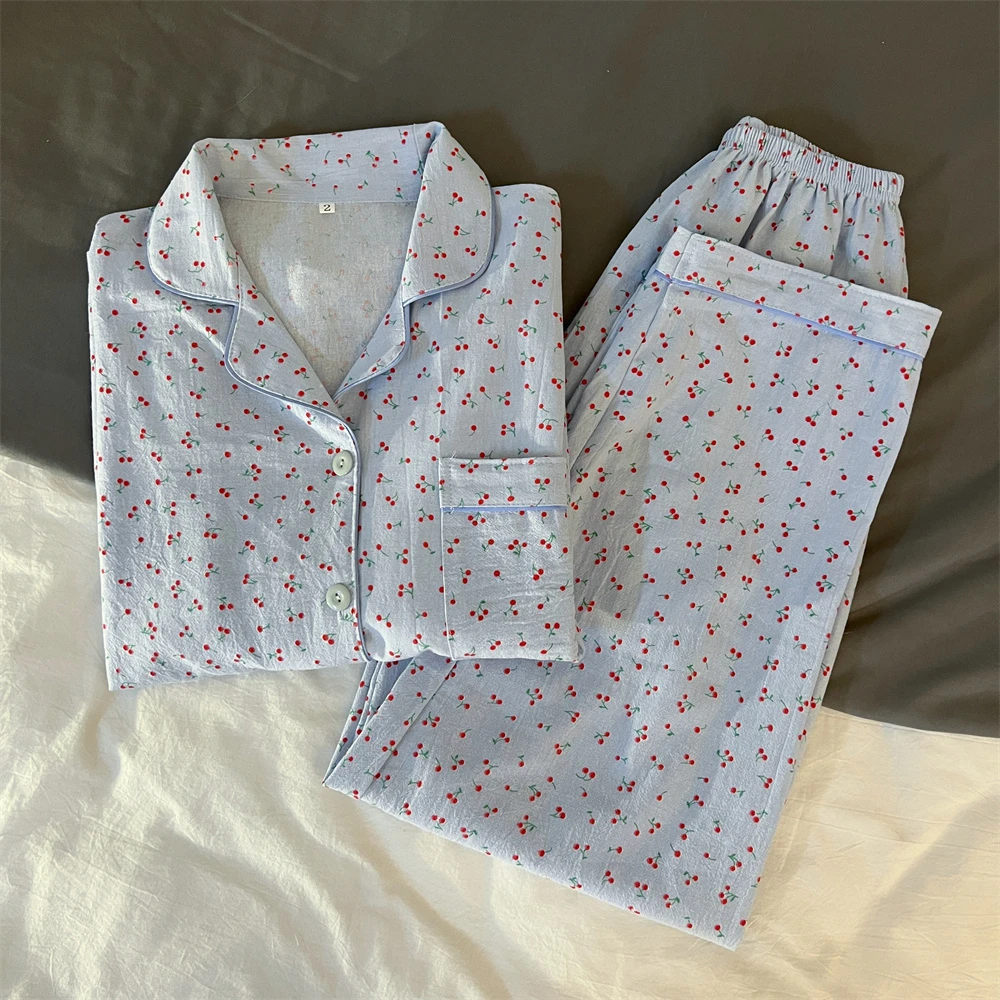 CAIYIER Peach Heart Woemn Korean Sleepwear Winter Cotton Sweet Girls Nightwear Long Sleeve Elastic Waist Homewear Pyjamas Mujer