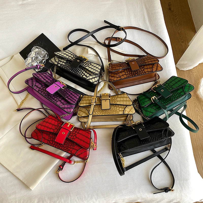 Vintage Crocodile Pattern Women's Shoulder Bag Luxury Designer Ladies Armpit Bag Chain Crossbody Messenger Bag Y2K Underarm Bag