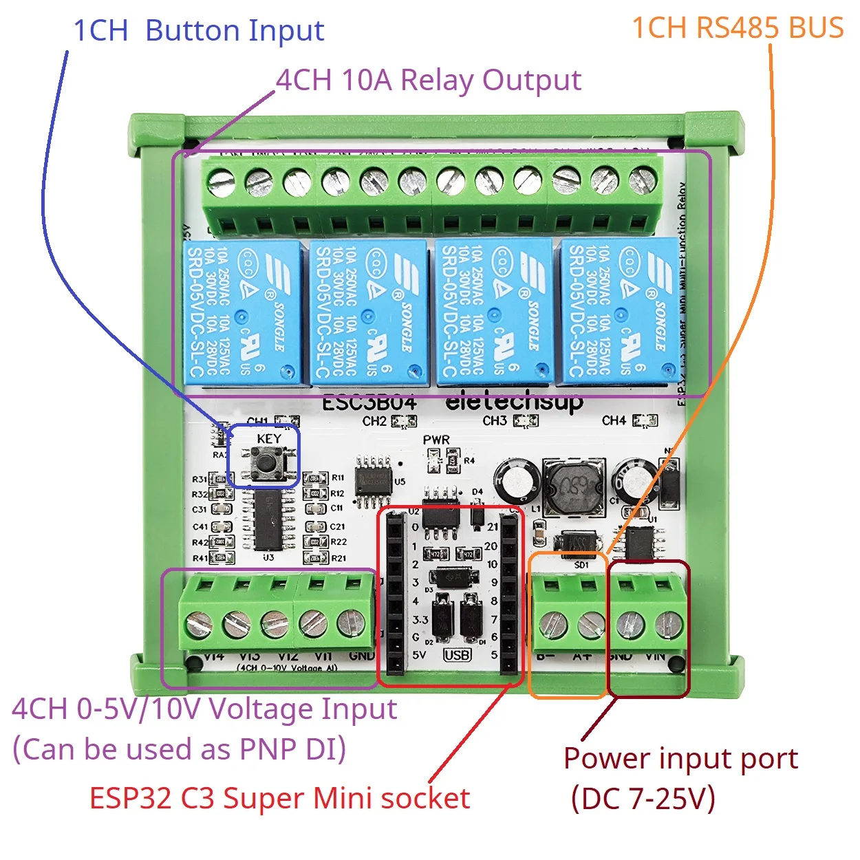 1 шт. / 4 DC 9 В 12 24 4AI-4DO 0-10 Аналоговый вход ESP32 C3 Super Mini RS485 Релейная плата расширения