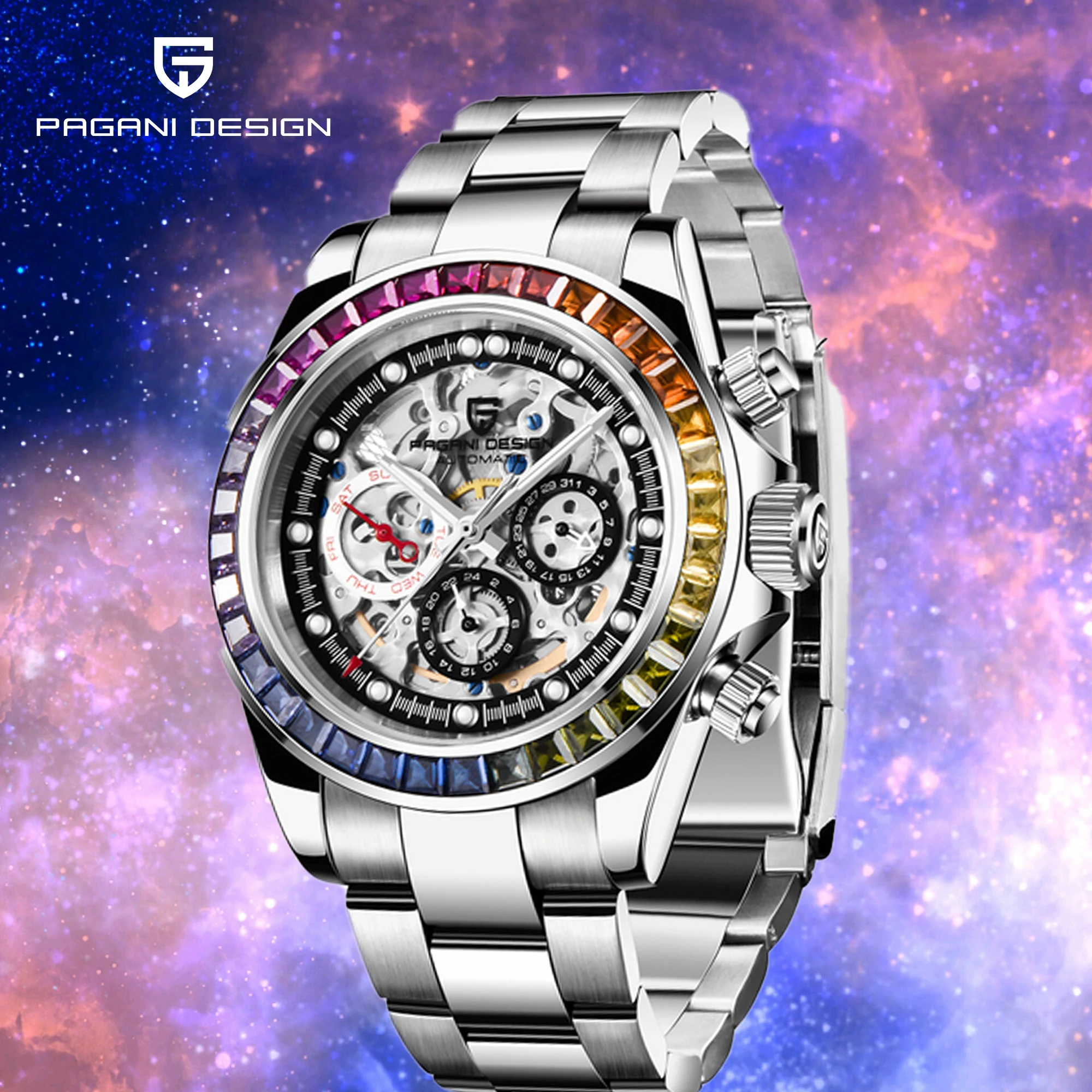 

PAGANI DESIGN Men Mechanical Automatic Watches Waterproof Hollowed-out Luminescent Rainbow Dial Chronograph Relogio Masculino