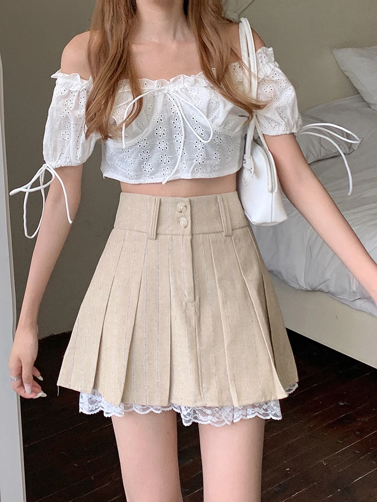 

2022 Korean Fashion Khaki Short Skirt Lace Trim Cute Pleated Skirts Womens Preppy Style Button Up High Waist Summer Mini Skirt