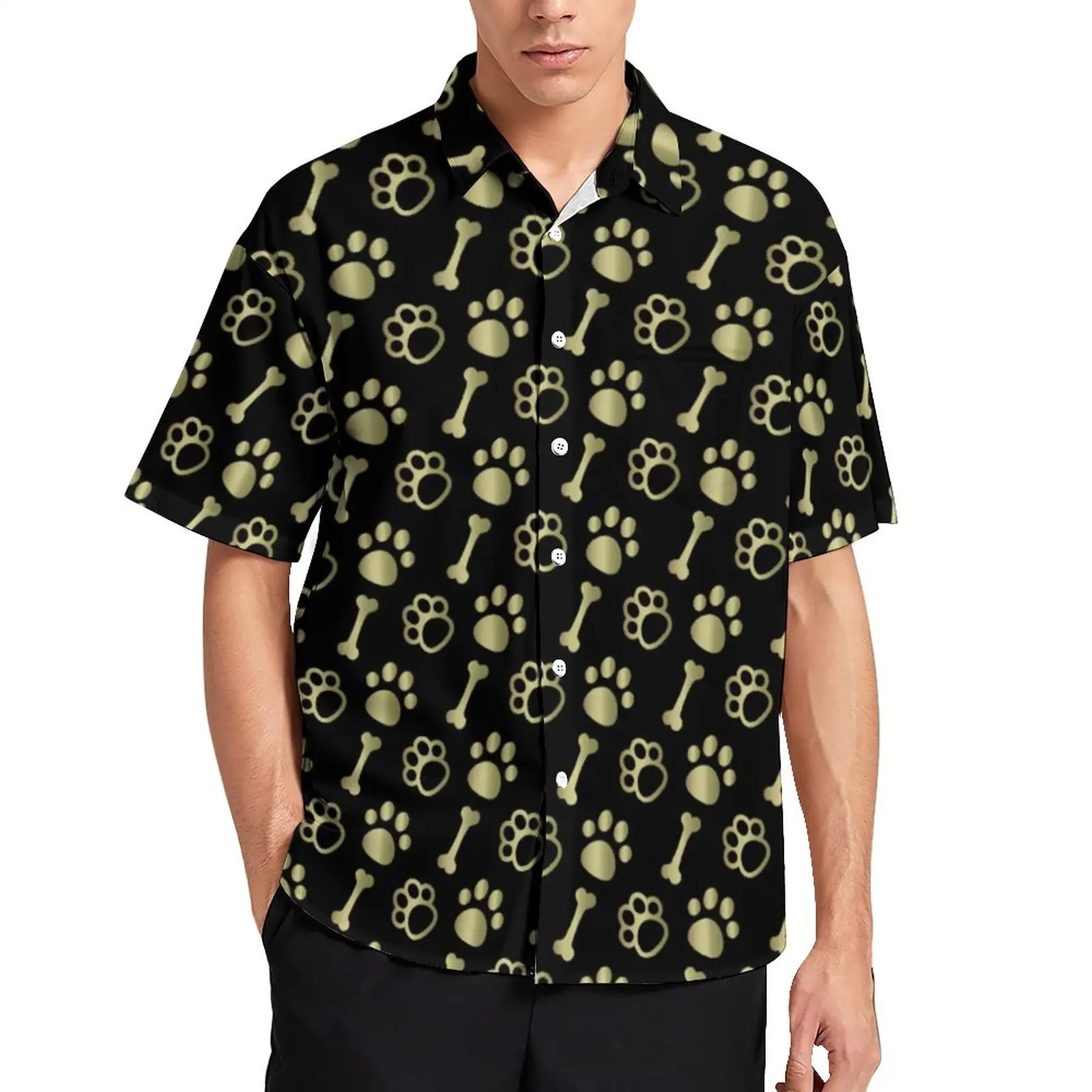 

Gold Dog Paws Blouses Man Funny Bone Print Casual Shirts Hawaiian Short Sleeve Design Novelty Oversized Vacation Shirt Gift