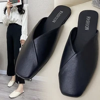 2022 summer elegant square closed toe ladies mules flat slippers casual fashion home slippers fashion shoes summer slipper