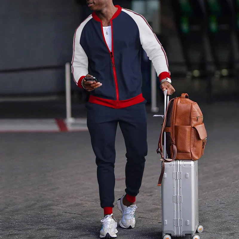 New Youth Fashion Stand Collar Zipper Cardigan Men's Retro Color Matching Casual Sports Premium Suit