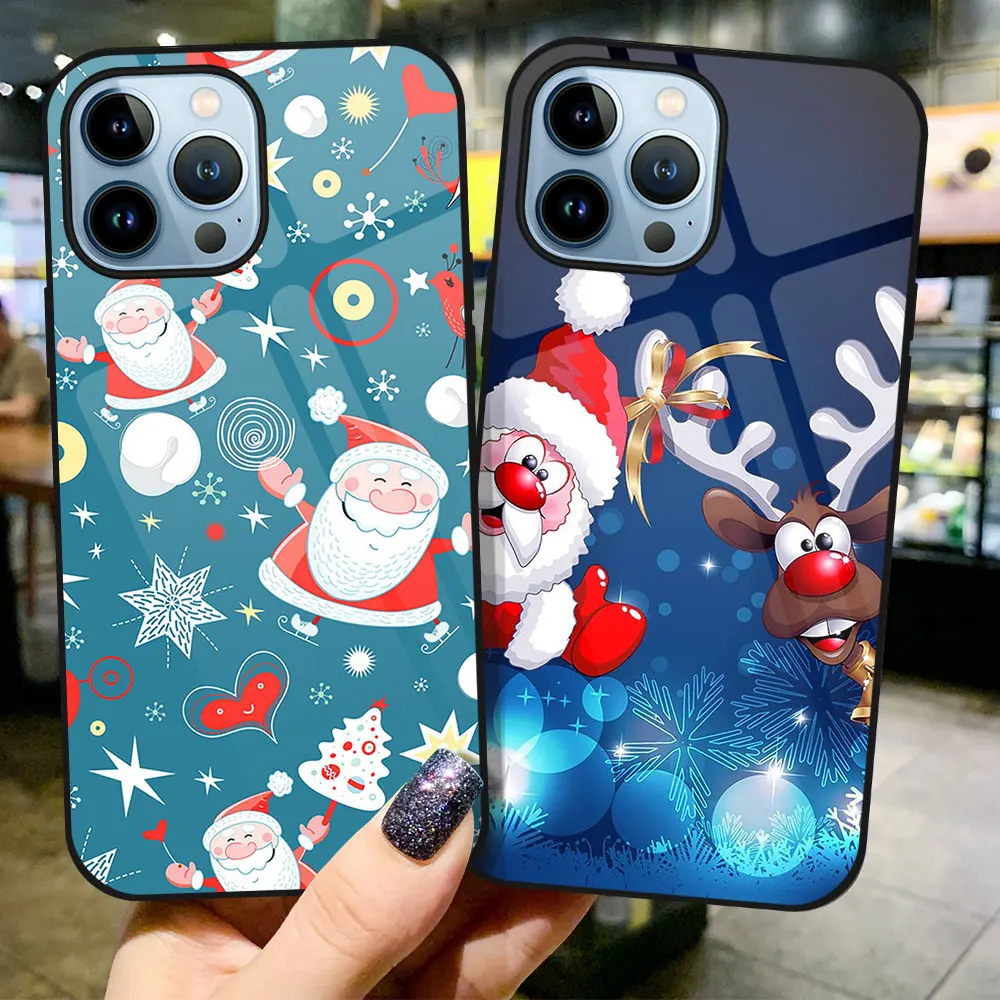 

Cute Santa Claus Case for Iphone 14 13 12 Mini 11 Pro Max XS X XR 7 8 6 6S Plus SE 2022 2020 Christmas Tempered Glass Cover