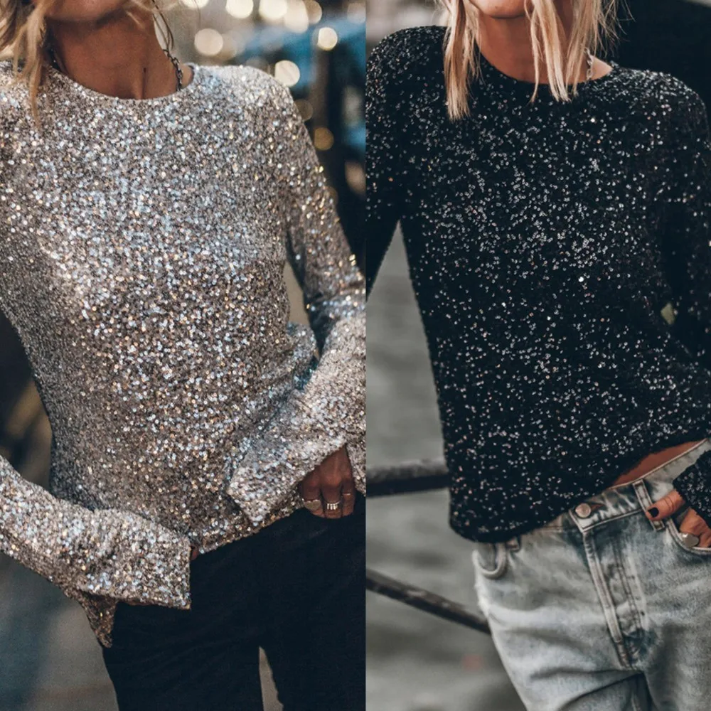 

Spring Autumn Sexy Hollow Backless T-shirt Casual Long Sleeve Loose Pullover Club Tops Elegant O-neck Shiny Sequin Party Blouse