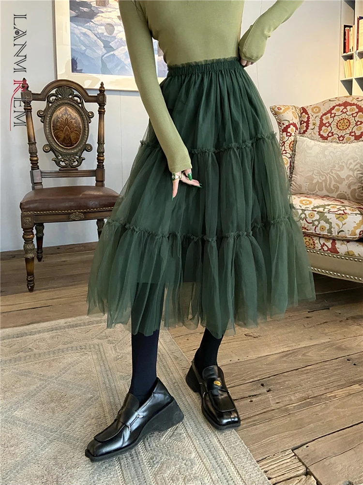 

LANMREM Green Mesh Stitched Skirt Women's Medium Length Pleated Soft Yarn Skirts Female Fashion 2022 Spring Summer New 2R1274