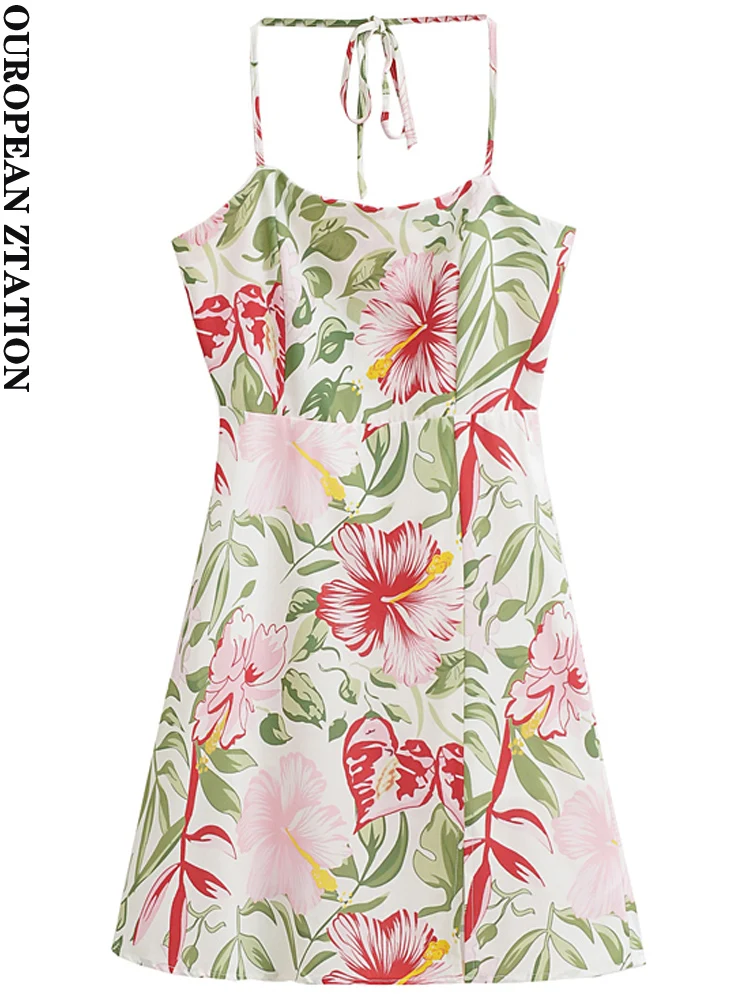 

PAILETE Women 2022 fashion floral print halterneck tie mini dress vintage backless split zipper female dresses vestidos mujer