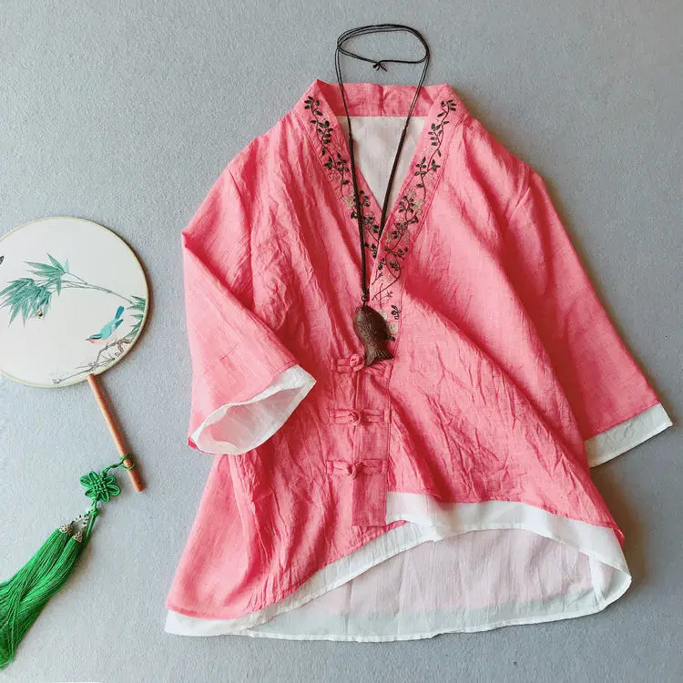 Блузка женская из хлопка и льна с вышивкой в китайском стиле |