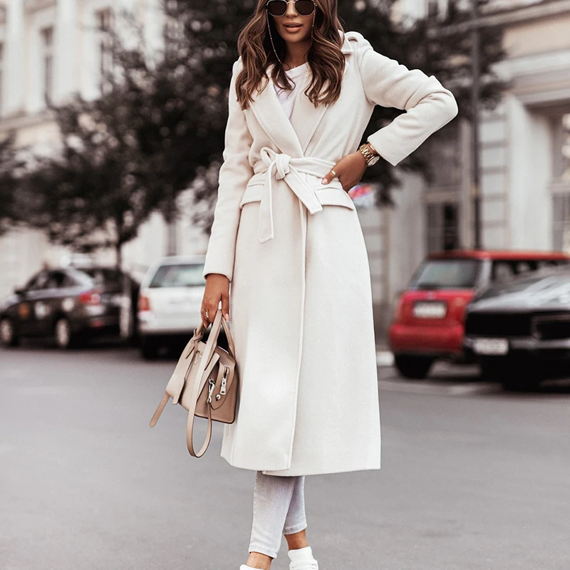 

Casual Loose Blend Wool Long Overcoat Women 2021 Winter Fashion Bandage Belted Outwear Elegant Long Sleeve Cardigan Tops Jackets