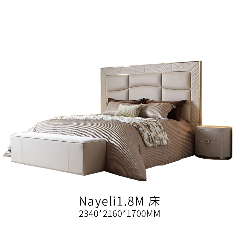 

Modern light luxury solid wood leather double bed large apartment master bedroom high-end furniture S6 new product