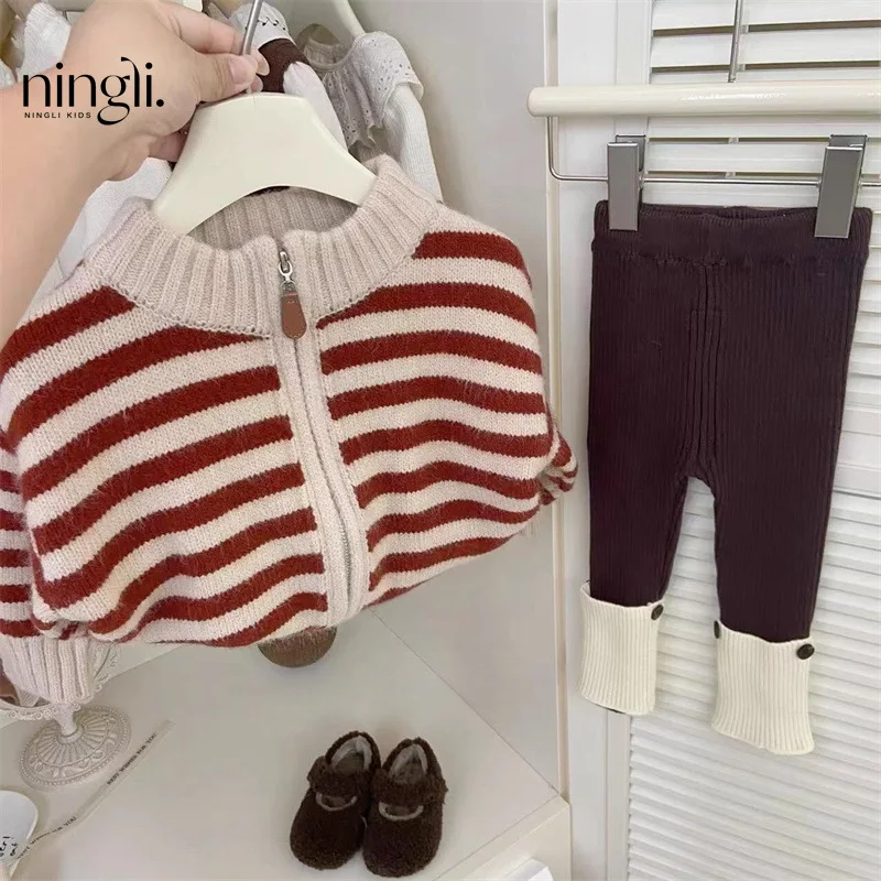 Свитер для девочек весна-осень 2024 новый кардиган на молнии в красную полоску