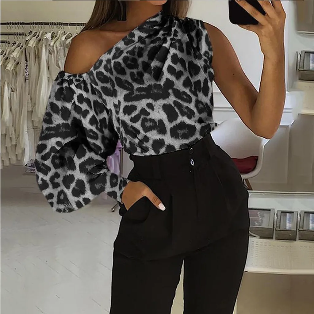 

Women Fashion Leopard Print Printing Strapless Splicing Long Sleeves Tops