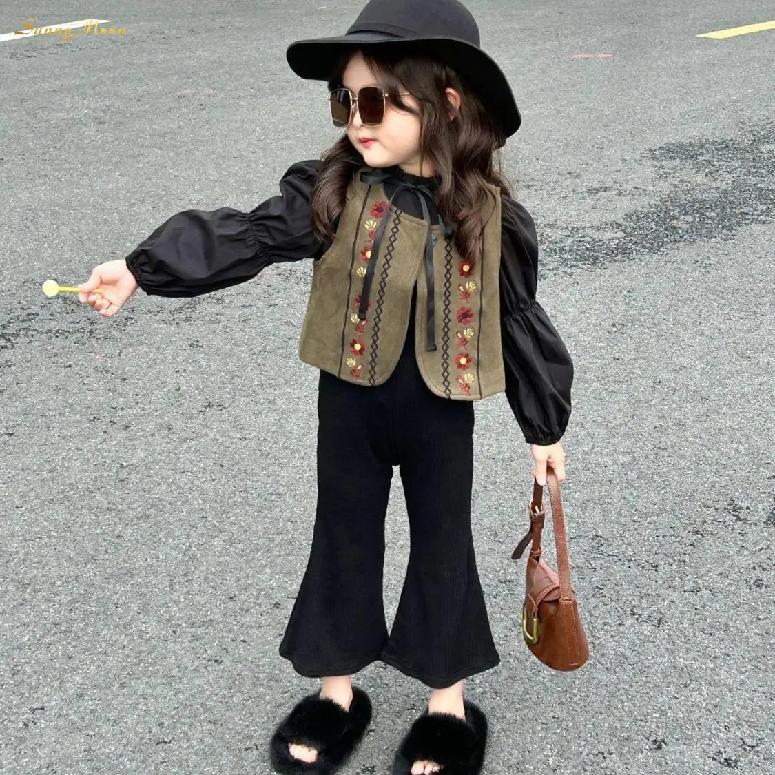 

Fashion Girl Heavy Spring Autumn Embroidery Vest Cardigan Puff Sleeve Shirt Flare Pant Clothesset 3PCS Infant Toddler Child 1-7Y