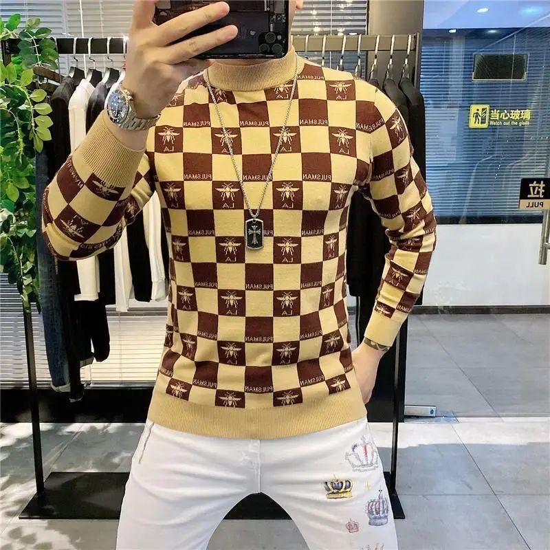 

T-shirt men's fashion brand plaid printing bottoming shirt Korean version spring and autumn thin bottoming shirt men's clothing