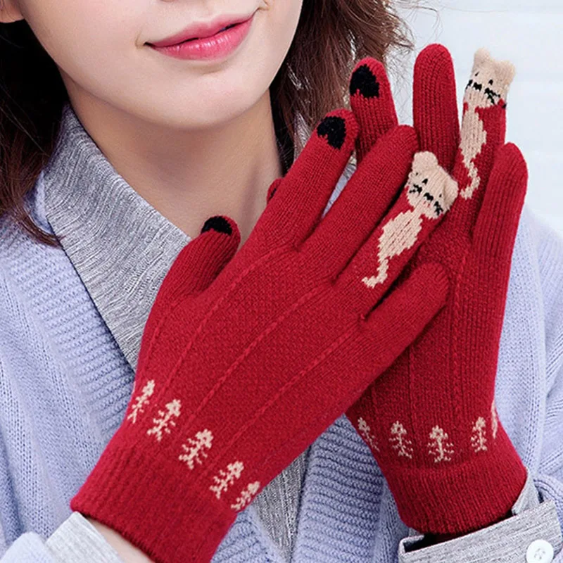 

Cat Fish Bone Printing Gloves Winter Warm Plus Thickening Knitting Mobile Phone Screen Full Finger Gloves for Women