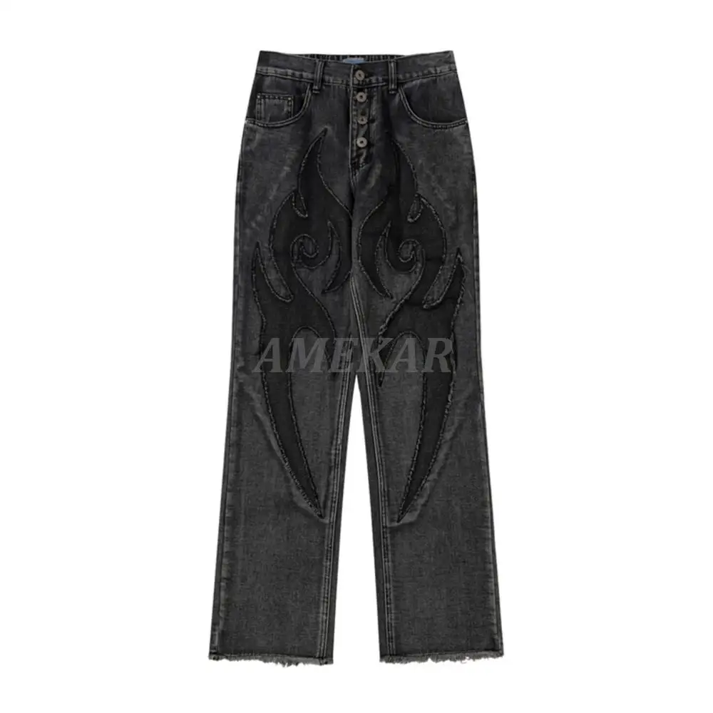 2023 Y2k Streetwear Solid Color Patchwork Skulls Embroidery Casual Denim Pants Men and Women Elastic Waist Baggy Jeans Trousers