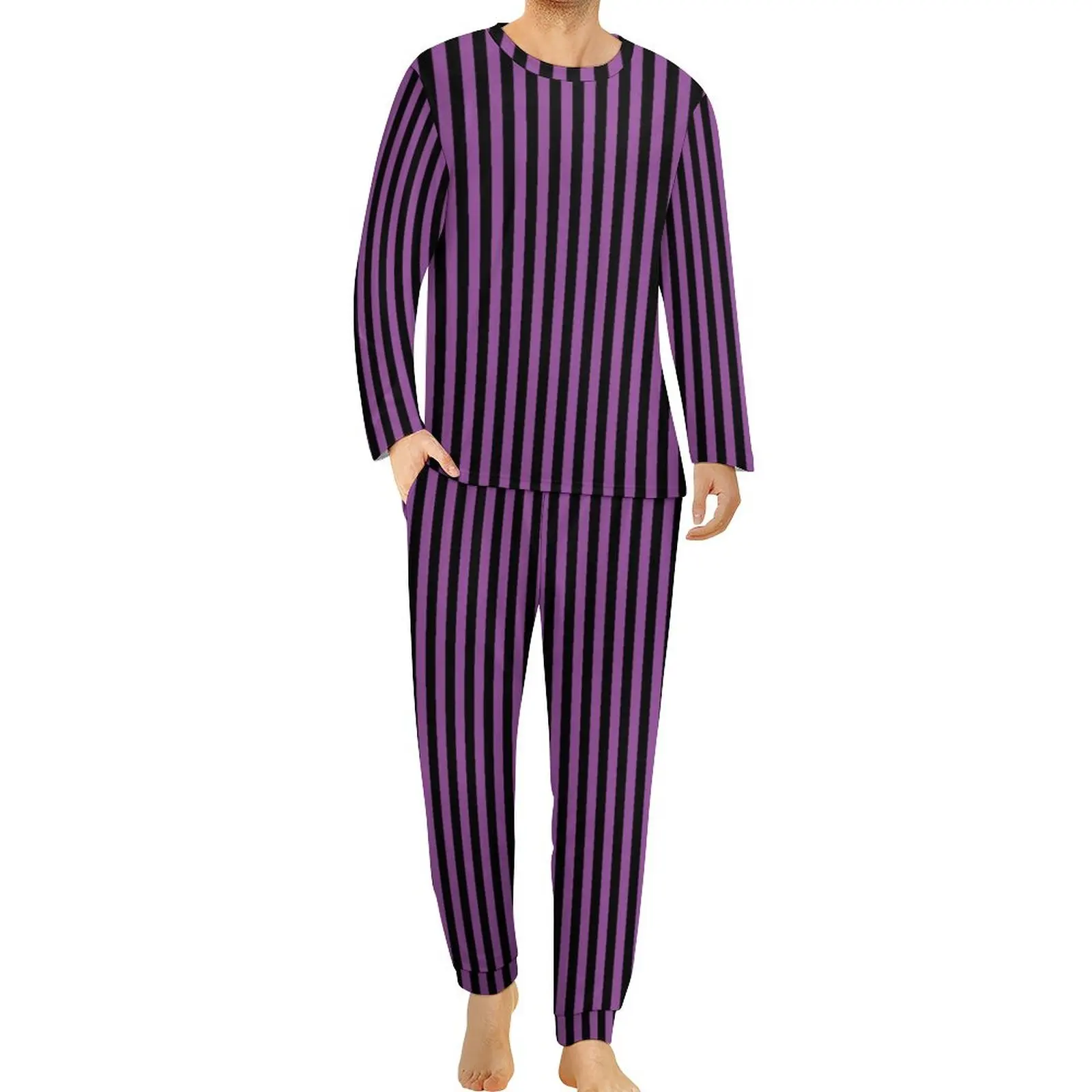 Vertical Striped Halloween Pajamas Winter 2 Pieces Purple Black Lines Retro Pajamas Set Long Sleeve Aesthetic Graphic Nightwear